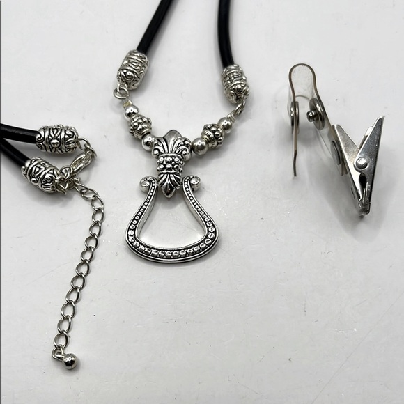 ID Badge Silver Tone and Black Cord Necklace with Ornate Metalwork - Picture 9 of 11